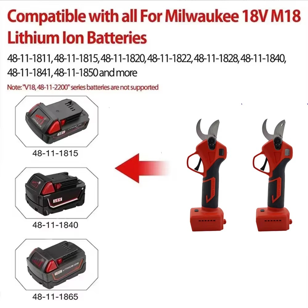 Magazaw cordless brushless pruner with ergonomic design, compatible with Milwaukee 18V lithium ion batteries