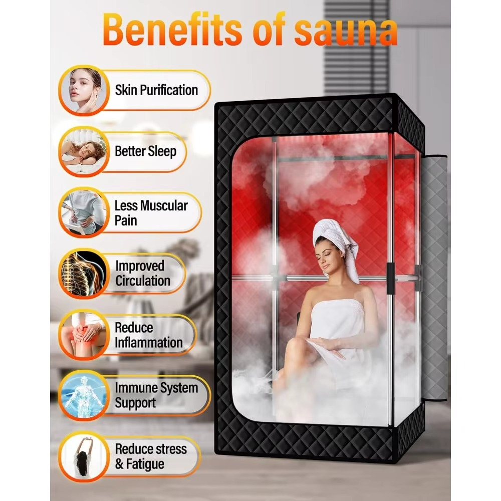 Magazaw infrared sauna box highlighting benefits like improved circulation and skin purification